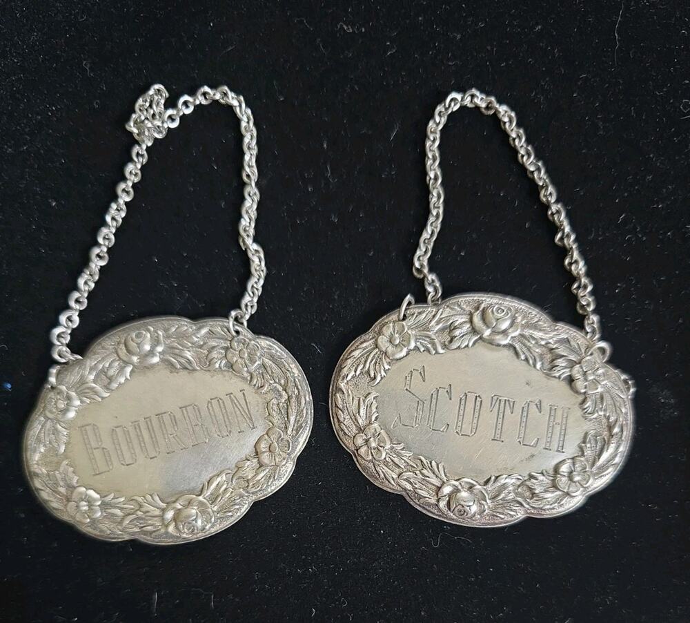 2 S. Kirk & Son Sterling Silver Repousse Scotch & Bourbon Decanter Liquor Tag